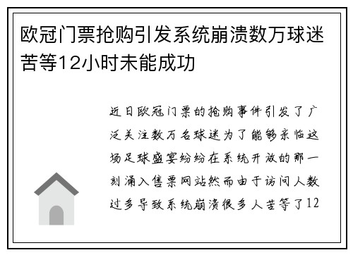 欧冠门票抢购引发系统崩溃数万球迷苦等12小时未能成功